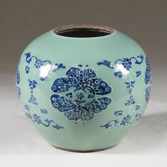 19th C. Celadon-Ground Blue & White Ovoid Jar