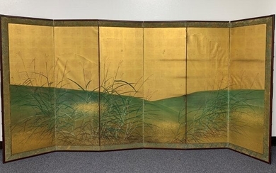 19th C. Hand Painted 6 Panel Screen Pampas Grass Field