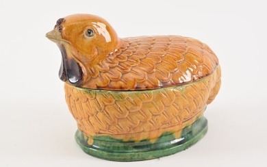19th century Chinese sancai glaze porcelain hen form covered tureen. 10 x 7in.