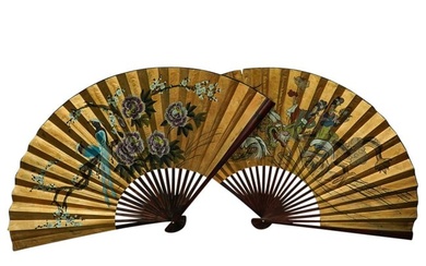 (2) Chinese Wood And Hand Painted Large Paper Fans