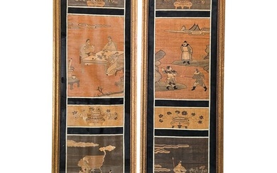 (2 Pc) Antique Chinese Silk Embroidered Forbidden Stitch Panels