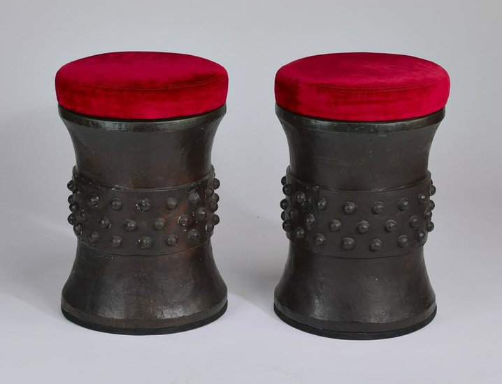(2) Thai bronze rain drum style stools, 24"h