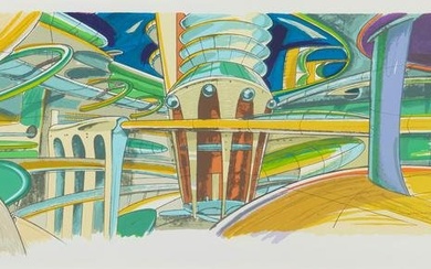 20th Century American School, Futuristic highway, Lithograph in colors on paper, Image: 24.25" H x