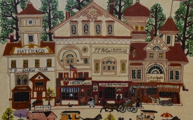 20th Century, needlework embroidery, A busy street scene with vendor carts to the foreground