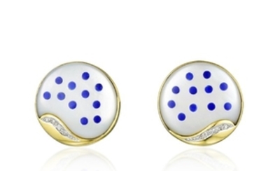 A Pair of 14K Gold Mother of Pearl Lapis Lazuli and Diamond Inlay Earrings