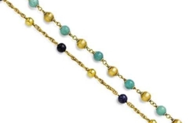 TWO GEMSTONE AND GOLD CHAINS.
