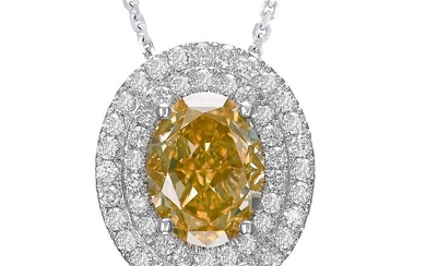 2.15ct Fancy Intense Orangy Yellow Diamond & 0.45cttw Diamonds Halo - 18 kt. White gold - Necklace with pendant - No Reserve