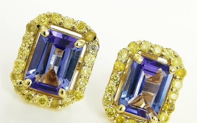 2.30 ct Blue Tanzanite & 0.50 ct N.F.I.Yellow - N.F. Vivid Yellow Diamond Designer Earrings - 2.74 - 14 kt. Yellow gold - Earrings - 2.30 ct Tanzanite - Diamonds