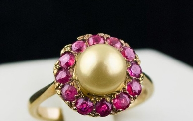 Authentic Antique- 9karat Yellow gold - Ring Pearl - Ruby