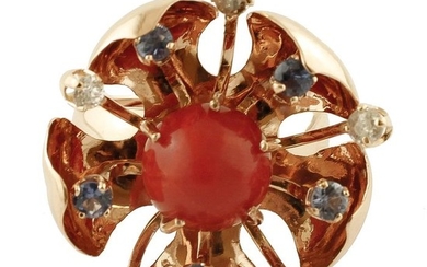 14 kt. Yellow gold - Ring - Diamonds, Sapphires, Coral