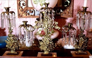 3 Piece Victorian Brass Girandole Set