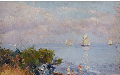 Ulisse Caputo ( Salerno 1872 - Parigi 1948 ) , "Spiaggia del Calvados" 1908 olio su cartone (cm 24,5x33) Firmato, locato e datato in basso a sinistra Al retro: "Paesaggio...