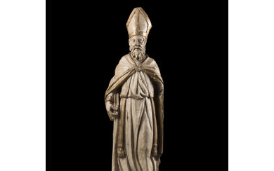 A giltwood and lacquered sculpture of a bishop. Early 17th century (h. cm 133) (losses)