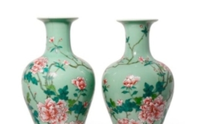 A PAIR OF CHINESE FAMILLE ROSE CELADON GROUND VASE…
