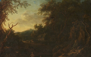 Christian Hilfgott Brand - Landscape with a Cottage, Lake, and Figures