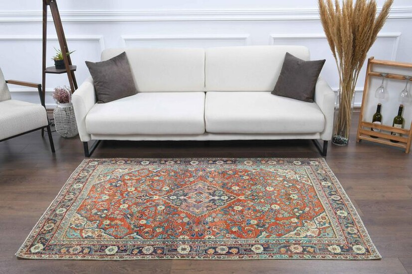 4x6 TURKISH ORIENTAL Vintage Carpet, Oushak Handmade