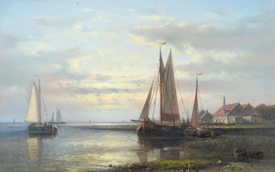 Abraham Hulk Snr. (1813-1897) Dutch Beached sailing ships Signed, oil...