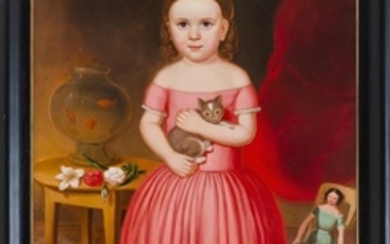 ATTRIBUTED TO JOSEPH WHITING STOCK, Massachusetts, 1815-1855, Portrait of a young girl holding a cat, Oil on canvas, 34" x 27". Fram...