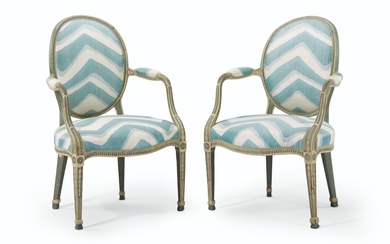 A PAIR OF GEORGE III BLUE GREEN AND WHITE PAINTED ARMCHAIRS, IN THE MANNER OF JOHN LINNELL, CIRCA 1775