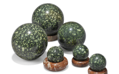 A GROUP OF SIX GREEN SERPENTINE SPHERES, 20TH CENTURY
