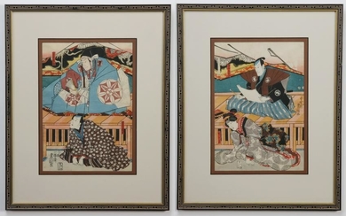 (2) Japanese woodblock prints, after Kunisada