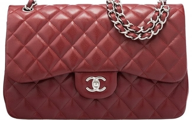 58015: Chanel Dark Red Quilted Caviar Leather Jumbo Dou