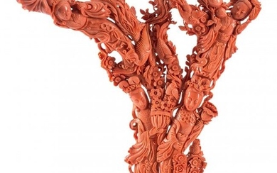 61015: A Large Chinese Carved Coral Figural Group on Wo