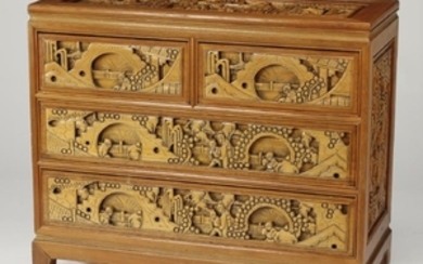 Chinese inspired chest w/ relief carved scenes