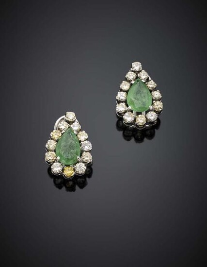 Drop shape emerald and round diamond cluster earclips