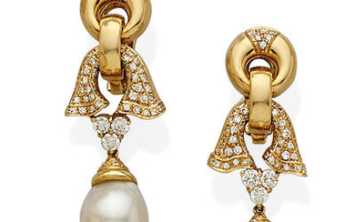 A pair of diamond, cultured pearl and gold ear pendants