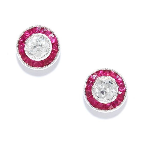 RUBY AND DIAMOND EAR STUDS in 18ct white gold, each set