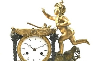 7-Gilt and patinated bronze pendulum, round white enamelled...