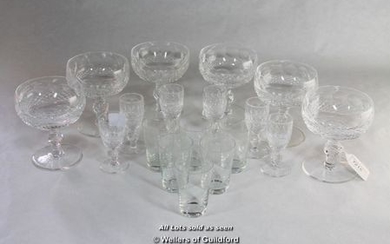 Waterford glass: a set of six pedestal sundae dishes and a set of six liqueur glasses; a set of six Dutch shot glasses etched...