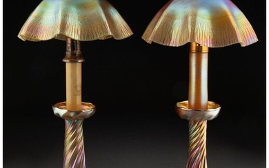 79015: Two Tiffany Studios Favrile Glass Candlestick La