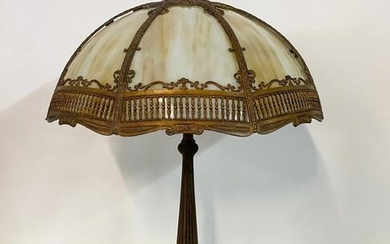 8 PANEL SLAG GLASS LAMP W/ IMPRESSIVE FILAGREE 24" H X
