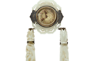 A CELADON JADE AND SILVER MOUNTED CLOCK