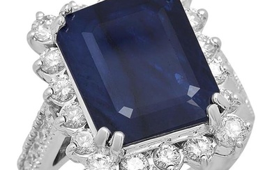 8.20 Carats Natural Blue Sapphire and Diamond 14K Solid White Gold Ring