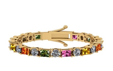 9.00 Ctw VS/SI1 Multi Stone Sapphire And Diamond 14K Yellow Gold Bracelet