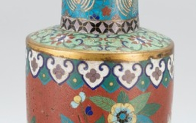 CHINESE CLOISONNÉ VASE In rouleau form, with stylized cranes at neck and a floral design on a brick red ground. Height 17".