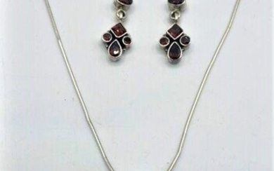 .925 Sterling Silver Garnets Pendant Necklace, Earrings
