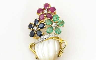 A 14ct gold brooch formed as a vase of flowers set with sapp...