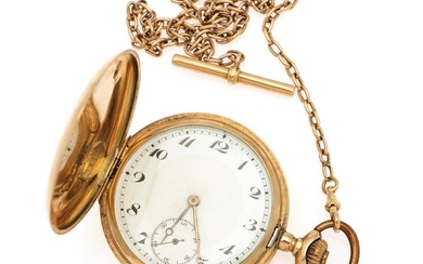 A 14k gold hunter case pocket watch. C. 1910–15. Total weight 81 g. Case diam. 51 mm.