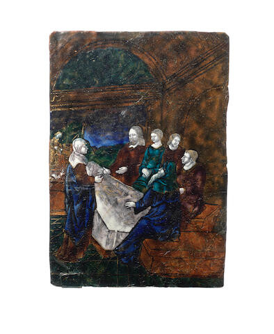 A 16th century Limoges enamel plaque depicting The Wedding Feast at Cana