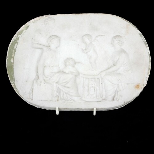 A 19TH CENTURY CARVED MARBLE OVAL PLAQUE Cherubs attending m...