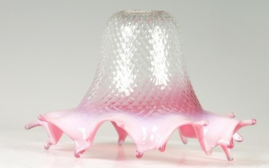 A 19TH CENTURY PINK GLASS LAMP SHADE with crimped edge.