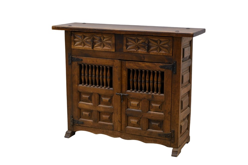 A 19th Century Carved Oak Cabinet with Two Drawers Two Doors and Wrought Iron Hinges, 88cm x 110cm x 35cm