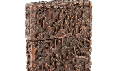 A 19th century Chinese export carved hardwood card case, intricately...