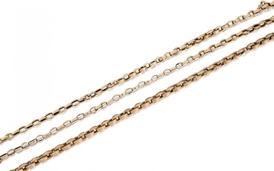 A 19th century gold neckchain and watch chain, each of square section belcher-link design, length of neck chain, 72.0cm, length of watch chain, 37.0cm (2)