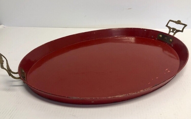 A 19th century red painted metal tray with brass handles. H. 4. L. 60 cm W. 45 cm.