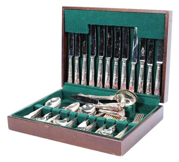 A 20th century canteen of silver plated Kings Pattern cutlery, within a fitted wooden box